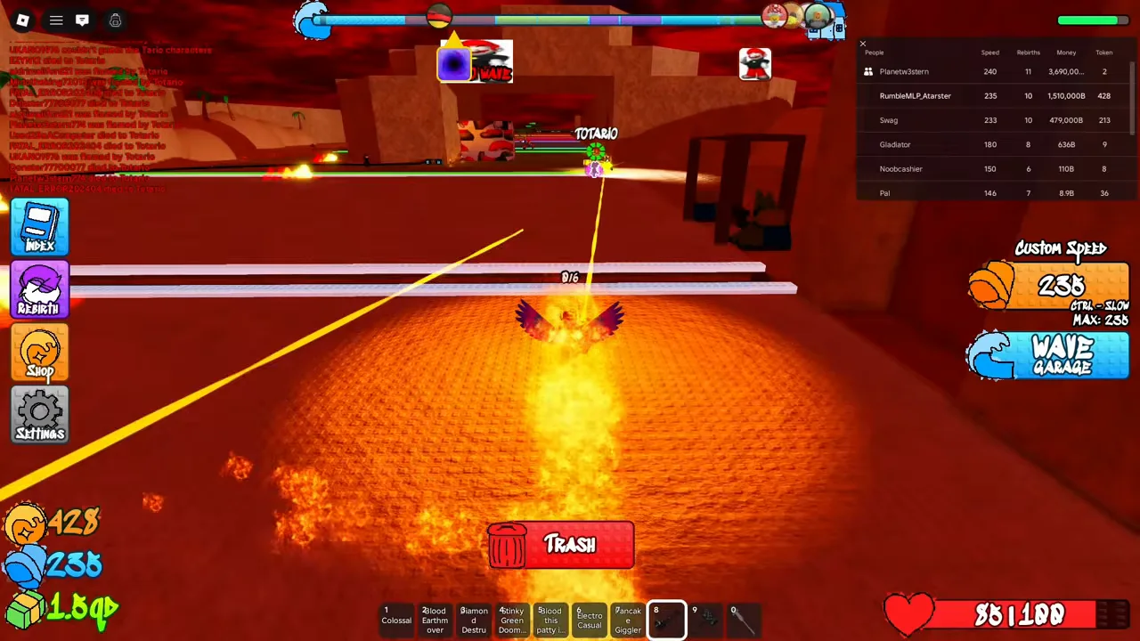 Totario attacks with orange spheres and colored horizontal beams